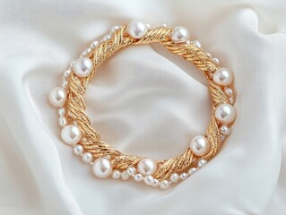 Obraz premium Elegant gold and pearl bracelet on soft white satin fabric