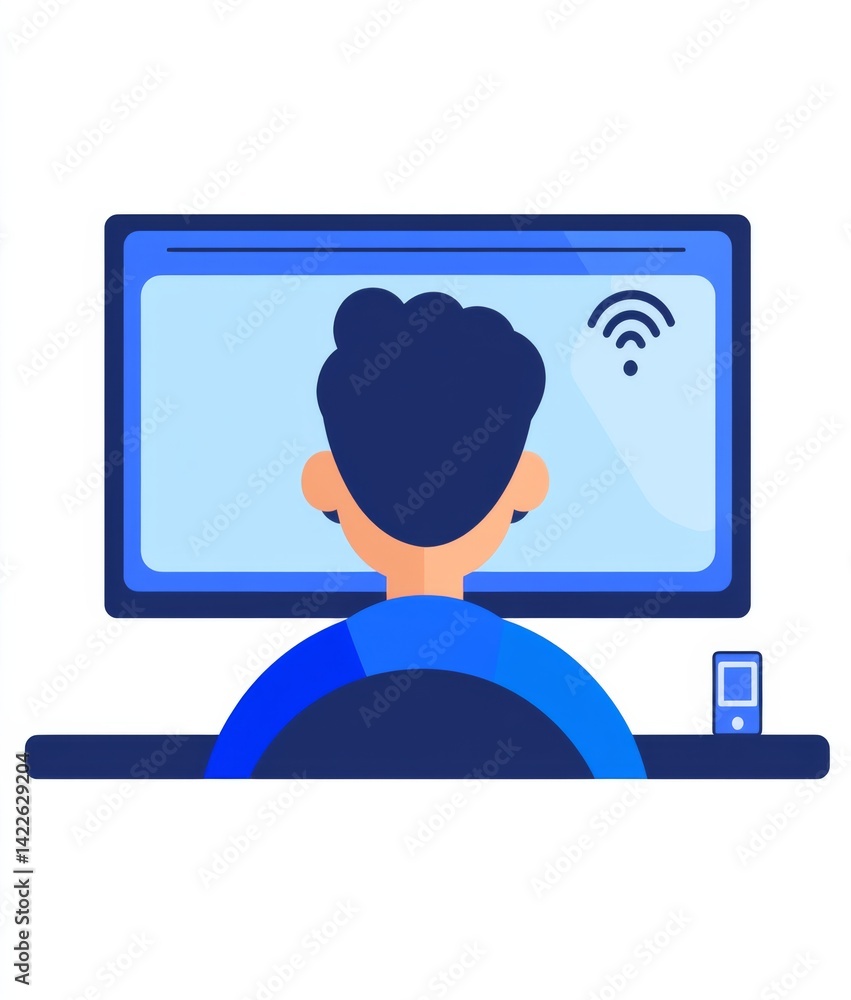 Poster flat vector logo showing a person attending an online video conference on a screen with face and han