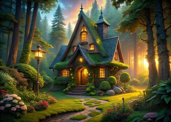 Fototapeta premium Enchanted Forest Cottage Dusk Photography AI Art