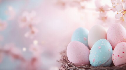 Easter eggs in shades of pink and blue are nestled in a nest, accented by delicate floral blossoms, capturing the essence of springtime celebration