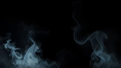 Smoke and Fog on Black Background, Swirling Mist Texture, Dark Background with Curling Smoke, Wavy Smoke Lines Isolated on Black