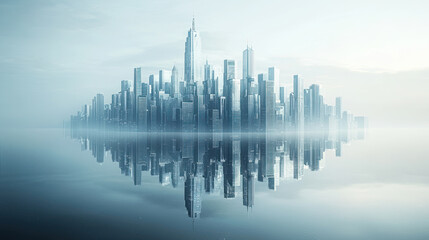 Naklejka premium A serene futuristic cityscape with skyscrapers reflected on calm water, evoking sense of symmetry and modern elegance