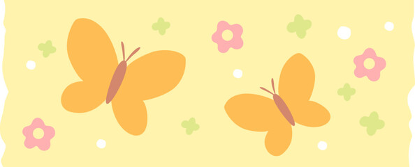 데코 테이프, 나비와 꽃 패턴, 노란 배경, 봄 느낌, 플랫 스타일, 감성 꾸미기, 장식용 테이프
