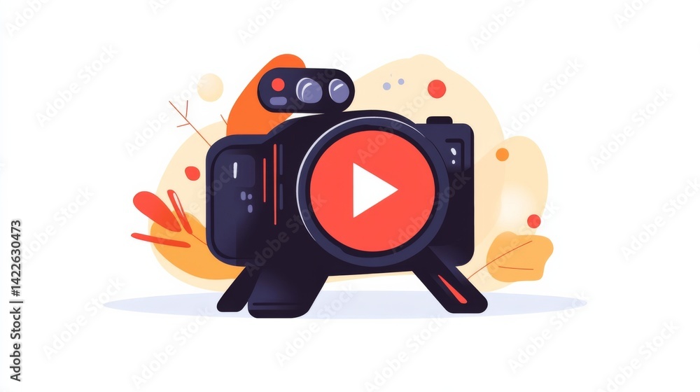 Poster red and orange video camera with play button icon, simple vector flat design with white space and bo