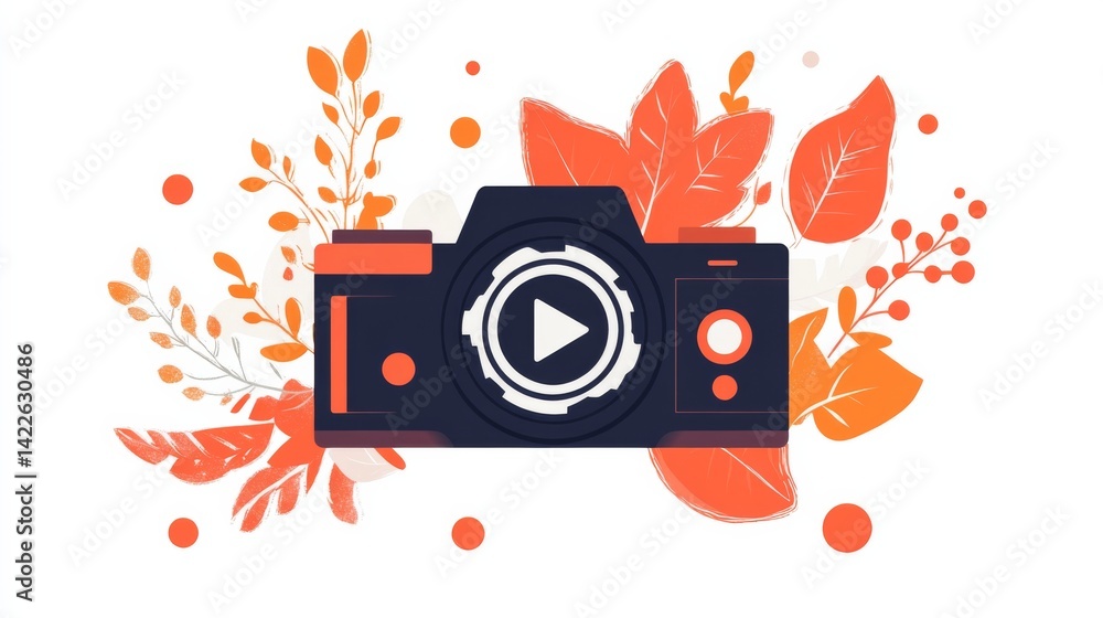 Poster red and orange video camera with play button icon, simple vector flat design with white space and bo