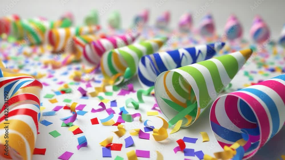 Poster a bunch of colorful party hats with streamers on them are scattered on a white background. the hats 