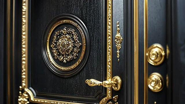 Ornate black door with gold accents, detailed craftsmanship