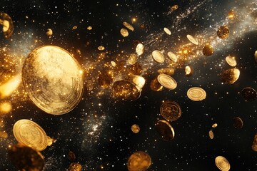 Golden Coins Floating in a Mysterious Cosmic Background