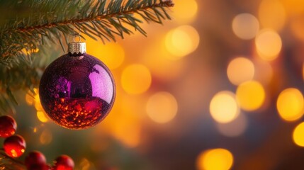 Fototapeta premium A reflective purple ornament is suspended from a pine tree branch, surrounded by warm, softly glowing lights that create a festive atmosphere