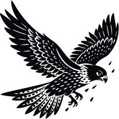 Obraz premium Black and White Woodcut Style Illustration of a Falcon in Flight, Bird of Prey Graphic, Wildlife Art, Tattoo Design Element