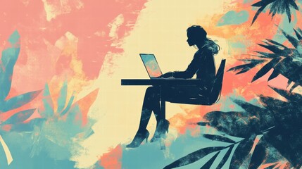 Woman Working on Laptop  Abstract Tropical Background