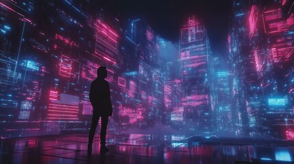Fototapeta premium Silhouette Gazing at a Cyberpunk Metropolis Bathed in Neon Lights and Reflections