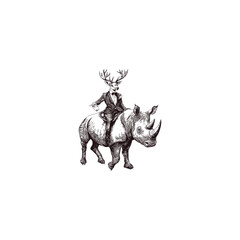Fototapeta premium Deer head gentlemen riding rhinoceros vintage design vector template engraving illustration