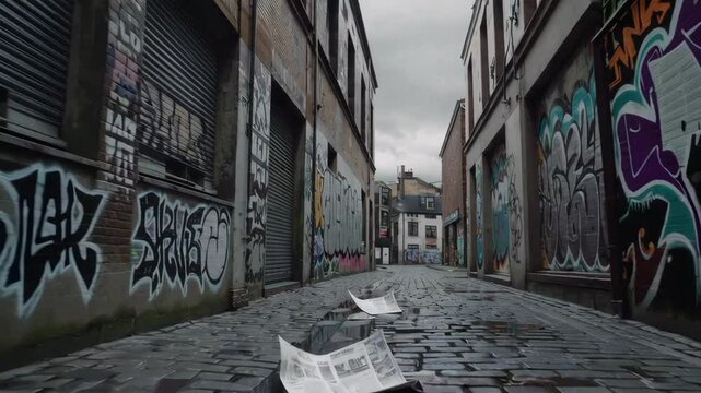Wet newspaper tumbles down cobblestone alley