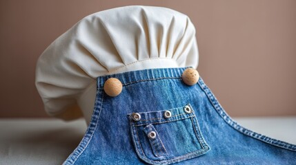 A tall chef's hat and a denim apron, showcasing a casual yet professional cooking setting - scene chef cafe blue