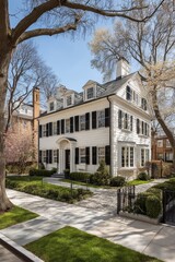 Classic Cape Cod dwelling, white clapboard siding, dormer windows, manicured lawn, blue sky backdrop - landscaping beach colonial