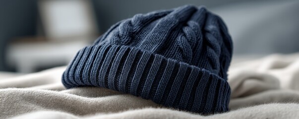 Navy blue beanie with a subtle cable knit detail, lying flat on a soft blanket - detail accessory wool photography texture