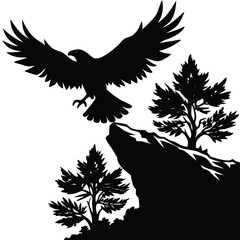 Obraz premium Eagle Soaring Silhouette: Majestic Bird of Prey Flying Above Mountain Cliff with Trees - Vector Illustration Art Print