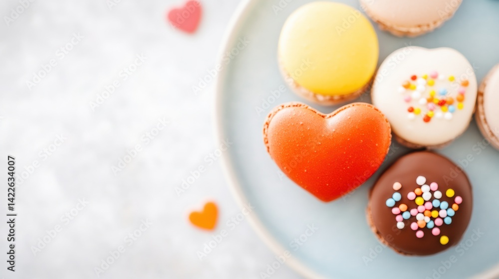 Poster festive macarons and a heart-shaped cookie are displayed on a plate, adding a colorful touch to any 