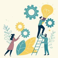 Creative Business Teamwork and Innovation – Vector Illustration of Diverse People Collaborating, Communicating Ideas, and Developing Solutions with Light Bulbs, Gears, and Modern Devices.