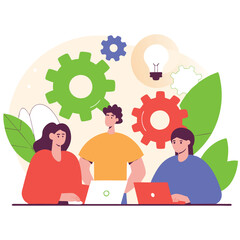 Creative Business Teamwork and Innovation – Vector Illustration of Diverse People Collaborating, Communicating Ideas, and Developing Solutions with Light Bulbs, Gears, and Modern Devices.