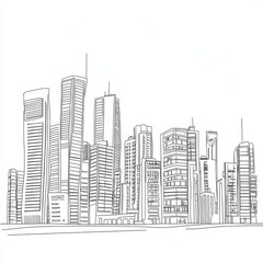 Fototapeta premium Continuous line drawing of modern urban architecture with apartment buildings and panoramic cityscape. Minimalist linear vector design of contemporary city street silhouette and skyline view.
