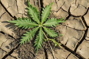 Healthy Plant Growing from Cracked Dry Soil Surface Representing Change