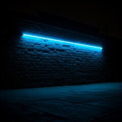 Blue neon light on a brick wall at night, creating a vibrant and urban atmosphere.
