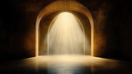Fototapeta premium Dramatic golden light beam shining through a stone archway in a dark, empty minimalist hall.