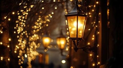 Antique lantern glows amidst festive fairy lights, casting a warm, nostalgic ambiance during an outdoor winter celebration