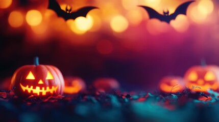 Obraz premium Glowing jack-o'-lanterns illuminate the ground while bats fly above, creating a festive atmosphere on Halloween night