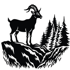 Black and White Silhouette of an Ibex on a Mountain Top with Pine Trees - Vector Illustration, Wildlife Art, Mountain Landscape