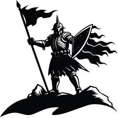 Knight Warrior Silhouette Vector: Medieval Armor, Shield, Flag on Mountain Top - Black and White Graphic Illustration