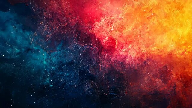Cosmic nebula glows, melding blue and orange. Distant stars fill a dark backdrop