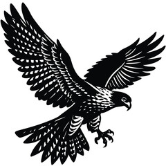 Fototapeta premium Black and White Falcon Illustration: Detailed Vector Graphic of a Bird of Prey in Flight, Wildlife Art, Bird Silhouette Design