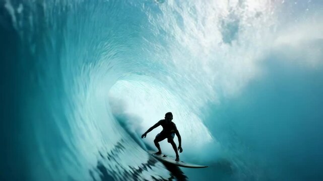 Surfer surfing a big barrel ocean wave