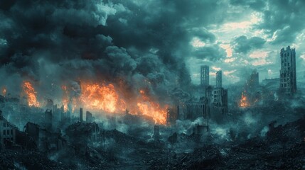 Fototapeta premium Desolate Cityscape with Fiery Aftermath and Dark Clouds in Realistic Photography
