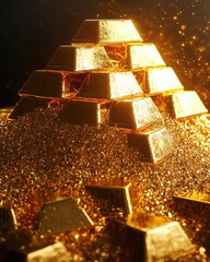 Golden Bars Stacked in a Pile with Sparkling Dust and Glitter