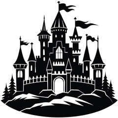 Obraz premium Black and White Castle Silhouette: Fantasy Medieval Fortress Illustration, Fairytale Kingdom, Graphic Vector Design