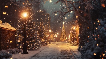 Festive street illuminated with Christmas lights and falling snow creating a winter wonderland atmosphere