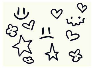 Playful hand-drawn doodle set featuring smiley faces, sad face, hearts, stars, flowers, and a wavy creature. Fun sketch style perfect for creative and youthful designs.