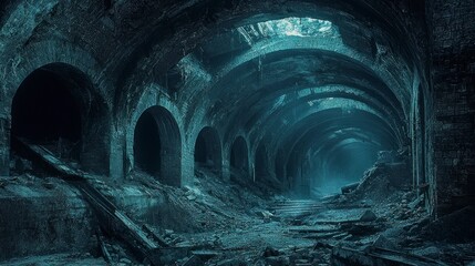 Naklejka premium Dark and Abandoned Tunnels in Ruins, Captured in Realistic Photography with Intricate Details and Eerie Atmosphere