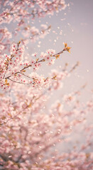 Naklejka premium Ephemeral Cherry Blossom Shower: Delicate Pink Petals Falling on Soft Focus Branches