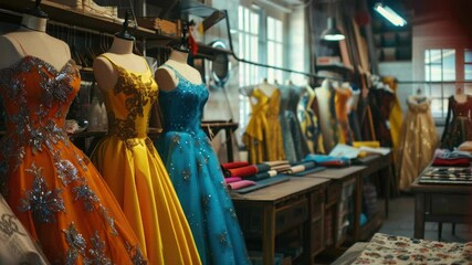 Bridal and formal gowns on display in a clothing store, with colorful yellow, blue, and orange evening wear suitable for celebrations.