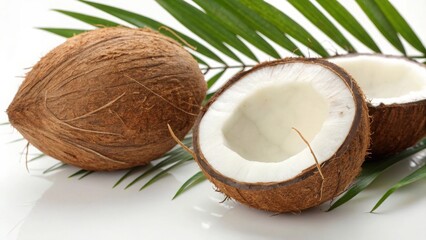 Fresh coconut with leaves healthy tropical fruit and cut half on white background for food concept