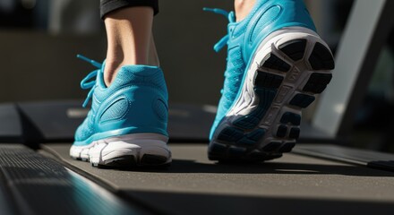 Close-up of blue athletic shoes with white soles on a black treadmill