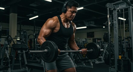 Muscular man lifting barbell in modern, well-equipped gym with mirrors and bright lighting