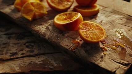 Sliced oranges on rustic wooden board