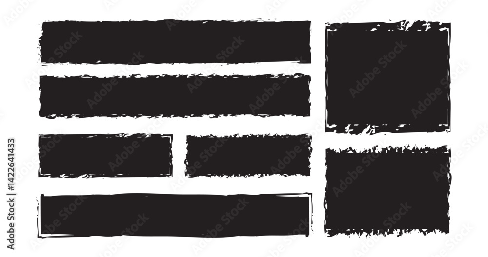 Poster set of rectangular grunge backgrounds. black square shapes with jagged borders on white background. 