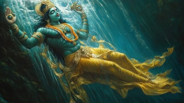 Serene portrayal of Vishnu reclining on Shesha within the cosmic ocean